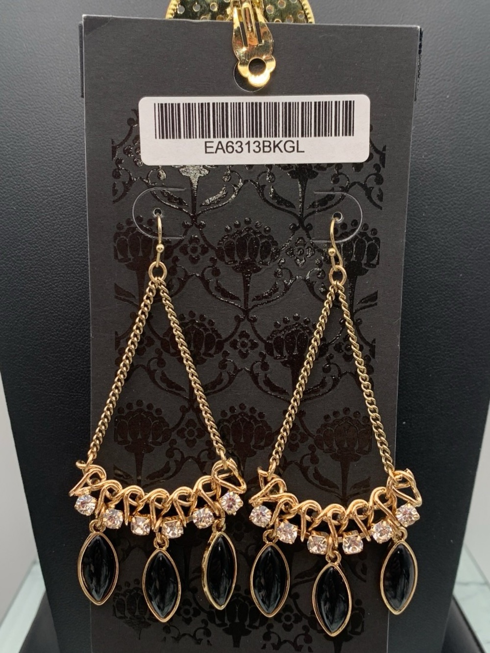 NWT Gold-Tone Black and clear rhinestone romantic Dangle Earrings